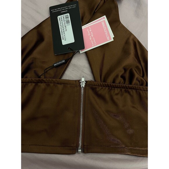 prettylittlething Chocolate Satin Cross Front Ruched Waist Halterneck Crop Top - Picture 10 of 11